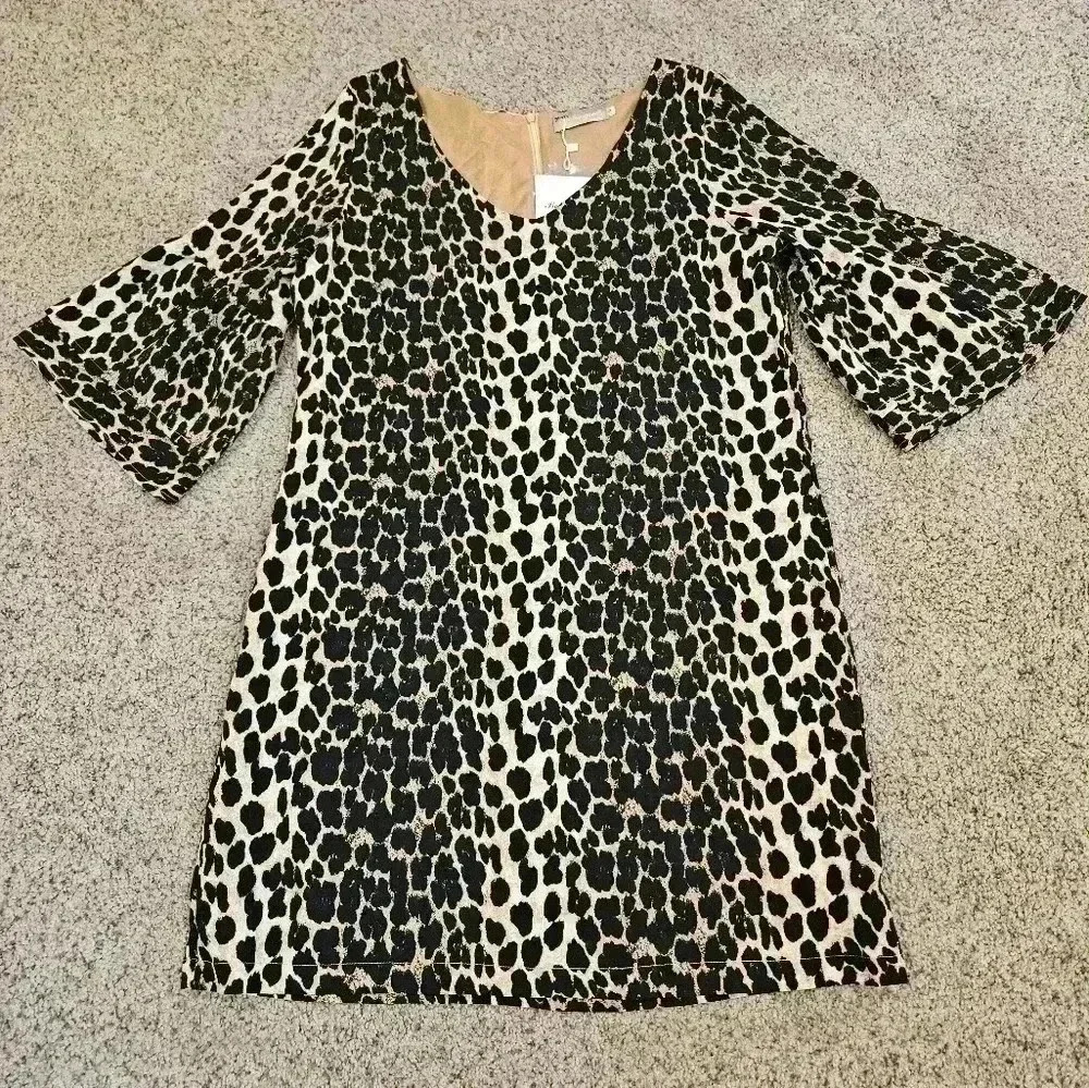 Belongsci Leopard V-Neck Mini Dress w/ Bell 3/4 Length Sleeves, Size…